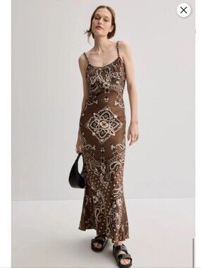 Sandro Bandana Print Brown Maxi Slip Dress Size 36 NWT